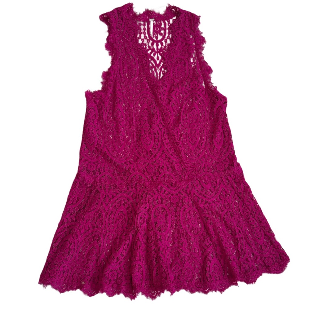 FREE PEOPLE ~ Fuchsia Sleeveless Eyelash Lace Drop Waist Dress size M - Picture 4 of 8